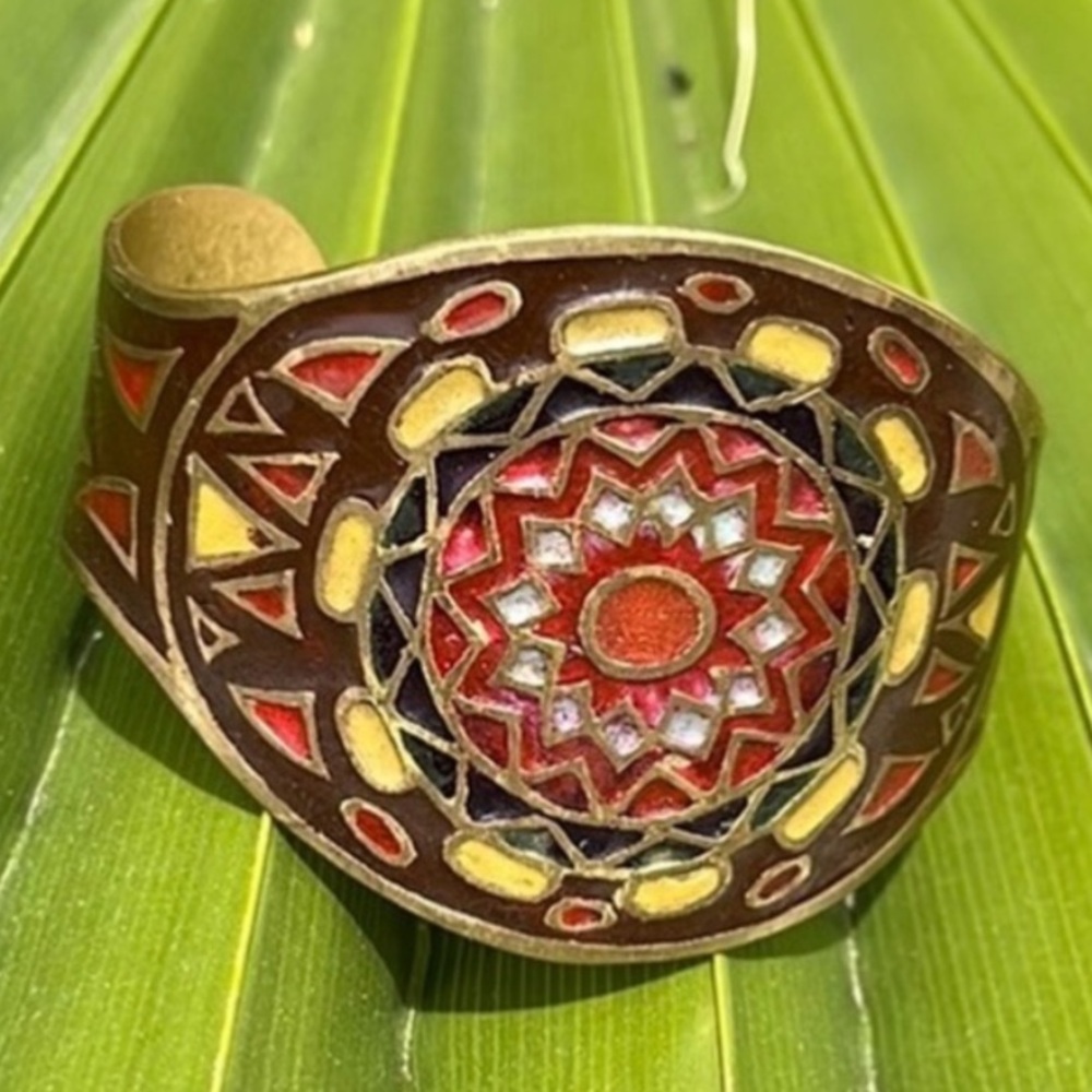 India Brass Enamel Painted Wide Cuff Bracelet Vintage